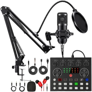 Podcast Microphone Bundle with BM800 Microphone and V8 Sound Card Double-Layer Pop Filter for Laptop Streaming/Live Broadcast